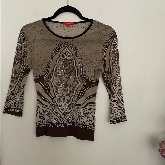 Vintage Noun Paris Tribal Print Y2K 3/4 Sleeve Knit Top BrownBeige made n France - Picture 3 of 11